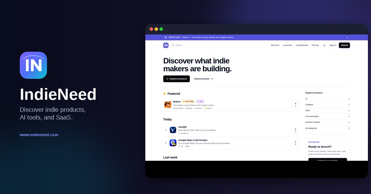 IndieNeed - Discover and launch indie products, AI tools & SaaS